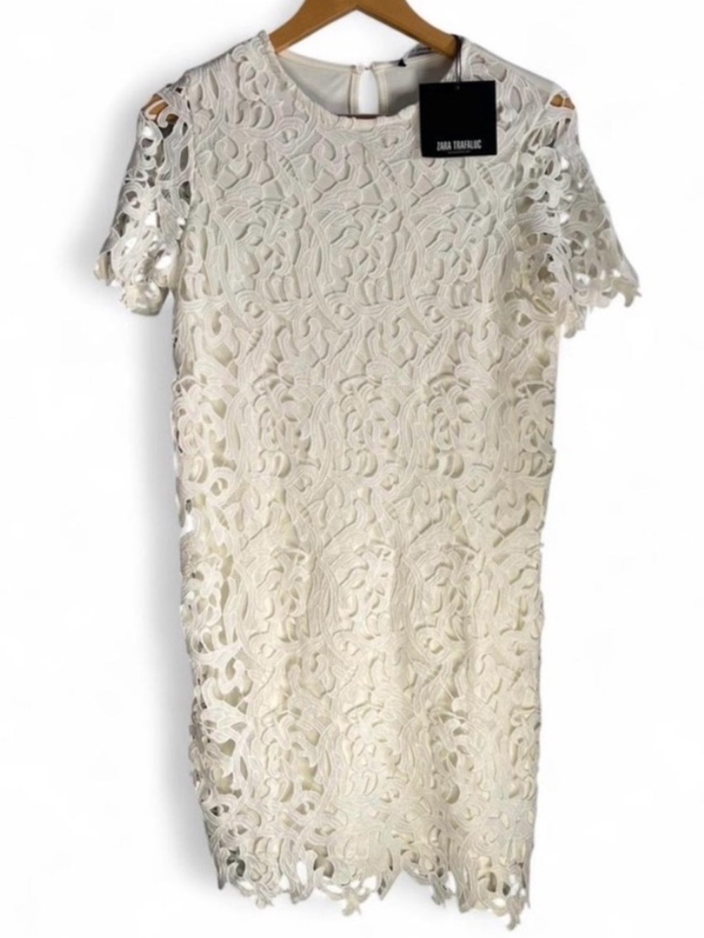 Zara White Lace Cutout Lined Short Sleeve Above the Knee Midi Dress Size Small - Picture 2 of 4